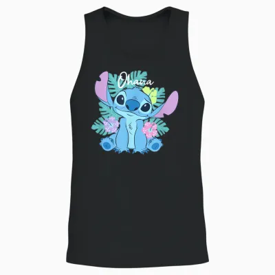 Disney Lilo & Stitch Ohana Adorable Pose Floral Logo Unisex Tank Top - Black