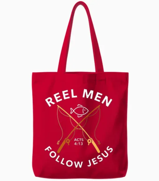 Reel Men, Follow Jesus, Acts 4:13, Fishing Theme Tote Bags in Red