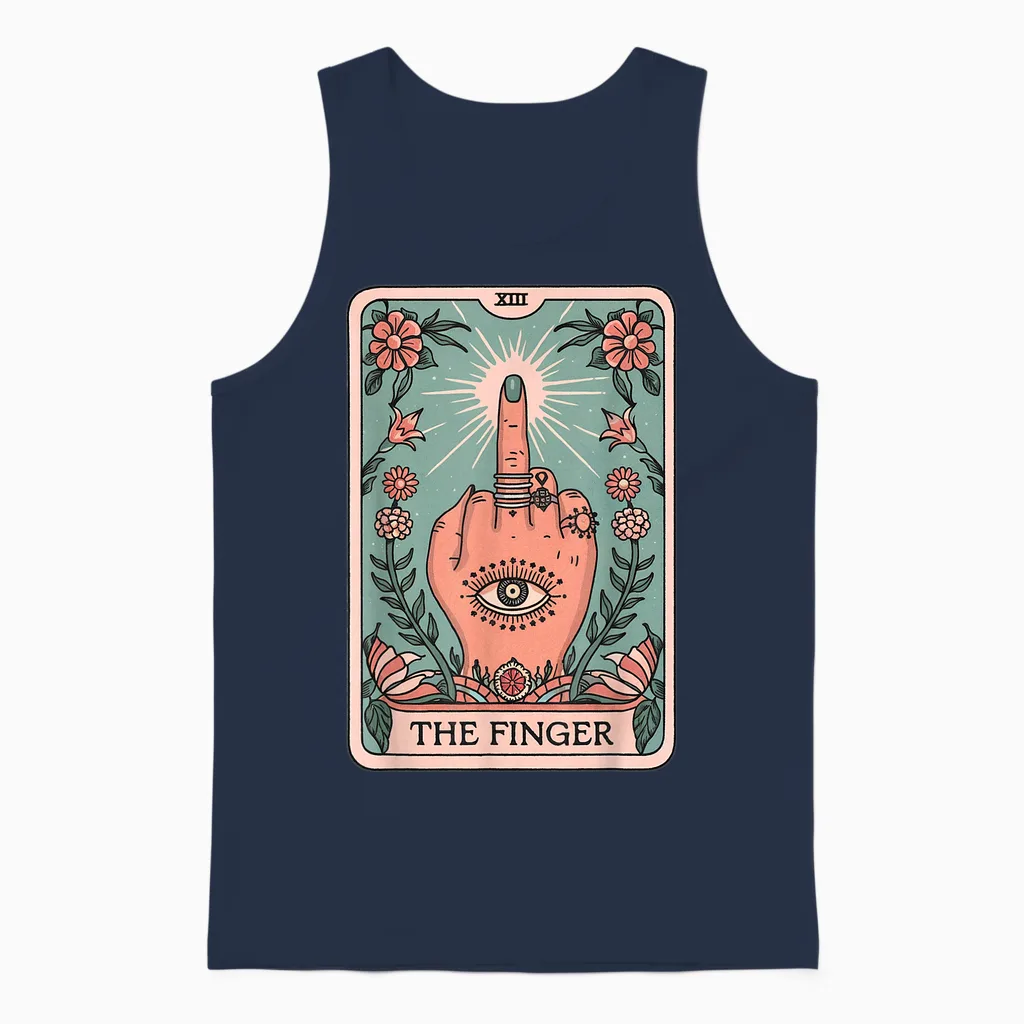 Tarot Card the Finger Graphic Vintage Gothic Art Middle Finger T-Shirt, Black Unisex Tank Top in Navy