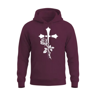 Cross with Rose Illustration Unisex Hoodie - Maroon
