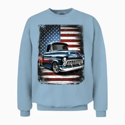 Classic Old Pickup Truck American Flag 4th of July Patriotic Unisex Sweatshirt - Light Blue