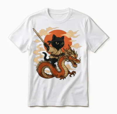 Vintage Japanische Samurai Katze Ninja Drache Kawaii Anime Liebhaber Unisex T-Shirt - White