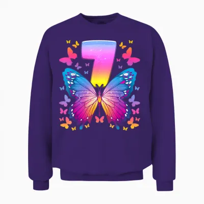 7th Birthday Girl 7 Years Butterfly Number 7 T-Shirt, Black Unisex Sweatshirt - Purple