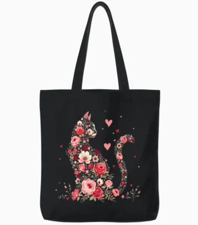 Cute Flower Cat for Cat Owner and Valentine's Day Tote Bags - Black