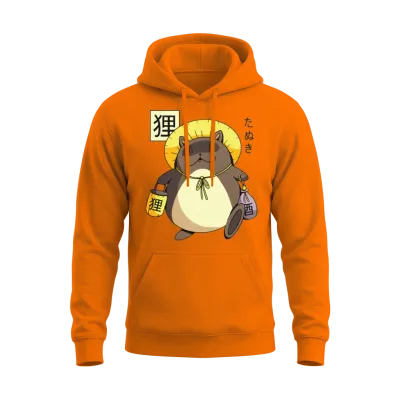 Tanuki Yokai Funny Japanese Cartoon Character Unisex Hoodie - Safety Orange