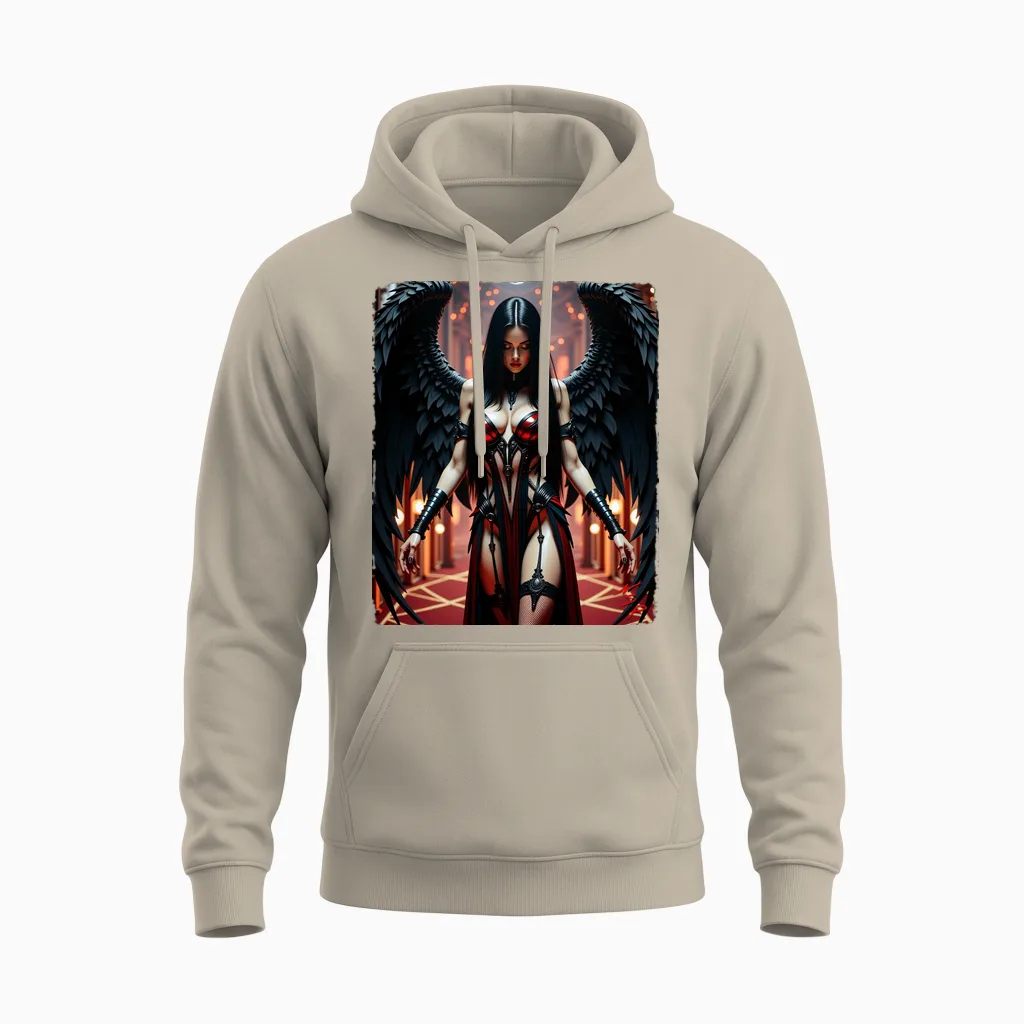 Printed Back T-Shirt - Sexy Brunette Fallen Angel Girl V#1 Unisex Hoodie in Sand