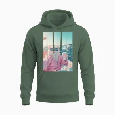 Relaxed Cat on Yacht Boat and Shark Funny Cat Meme Unisex Hoodie - Military Green