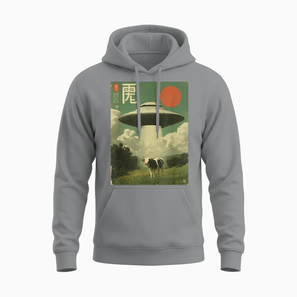Lustiges Retro Vintage Japanische Kuh Entführung Alien Raumschiff Unisex Hoodie in Sport Grey