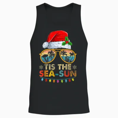 Tis the Sea Sun Santa Beach Summer Christmas in July Summer Unisex Tank Top - Black