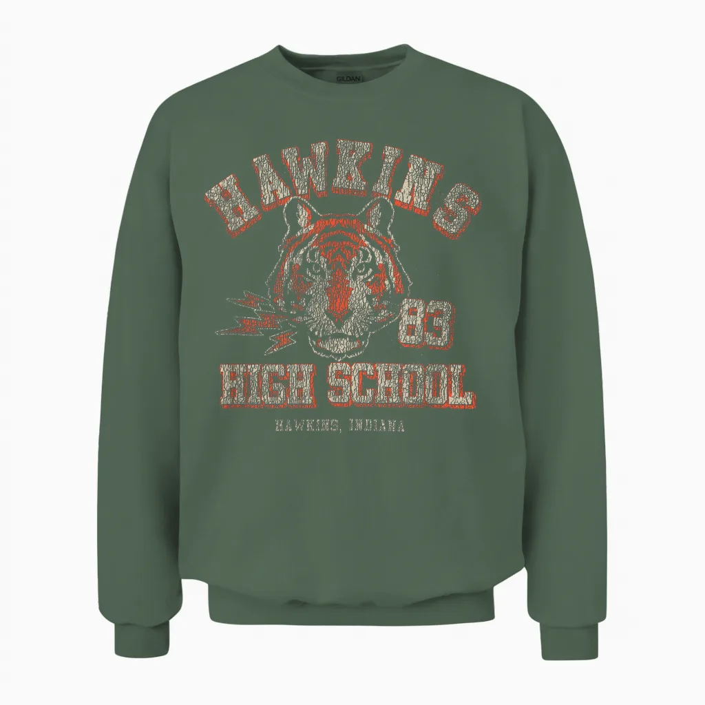 Stranger Things Hawkins High School Distressed Chest Unisex Sweatshirt in Military Green