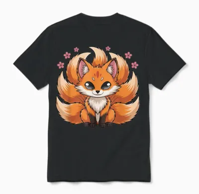 Kitsune Japanischer Neunschwänziger Fuchs Mythologie Anime Unisex T-Shirt - Black