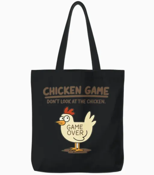 Funny Chicken Game Don't Look at the Chicken Meme, Tote Bags in Black