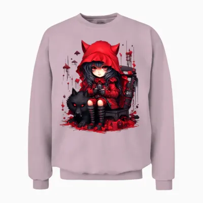 Chibi Little Red Riding Hood and Bad Wolf | Anime Kawaii Style T-Shirt, Black Unisex Sweatshirt - Light Pink