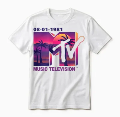 Mademark X Mtv - the Official 1981 Mtv Logo with Purple Palms in the Sunset Unisex T-Shirt - White