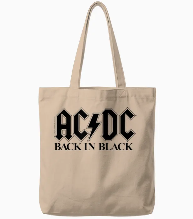 Ac/dc Rock Music Band Back in Black Logo T-Shirt, Gray Tote Bags in Natural