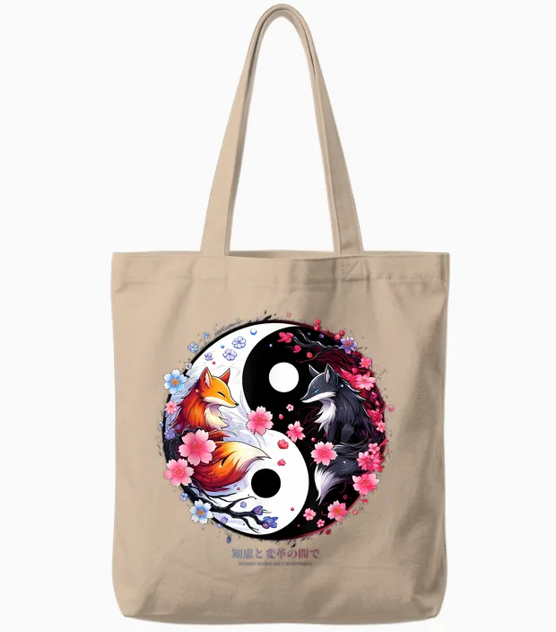 Kitsune Sakura Flower Blossom in Ying Yang Sakura Aesthetic T-Shirt, Black Tote Bags in Natural