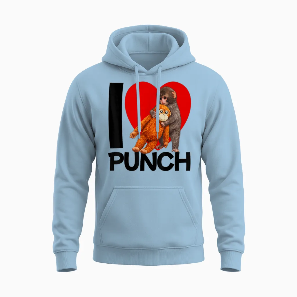 Cute Baby Monkey Heart Named I Love Punch Plush Hug Unisex Hoodie in Light Blue