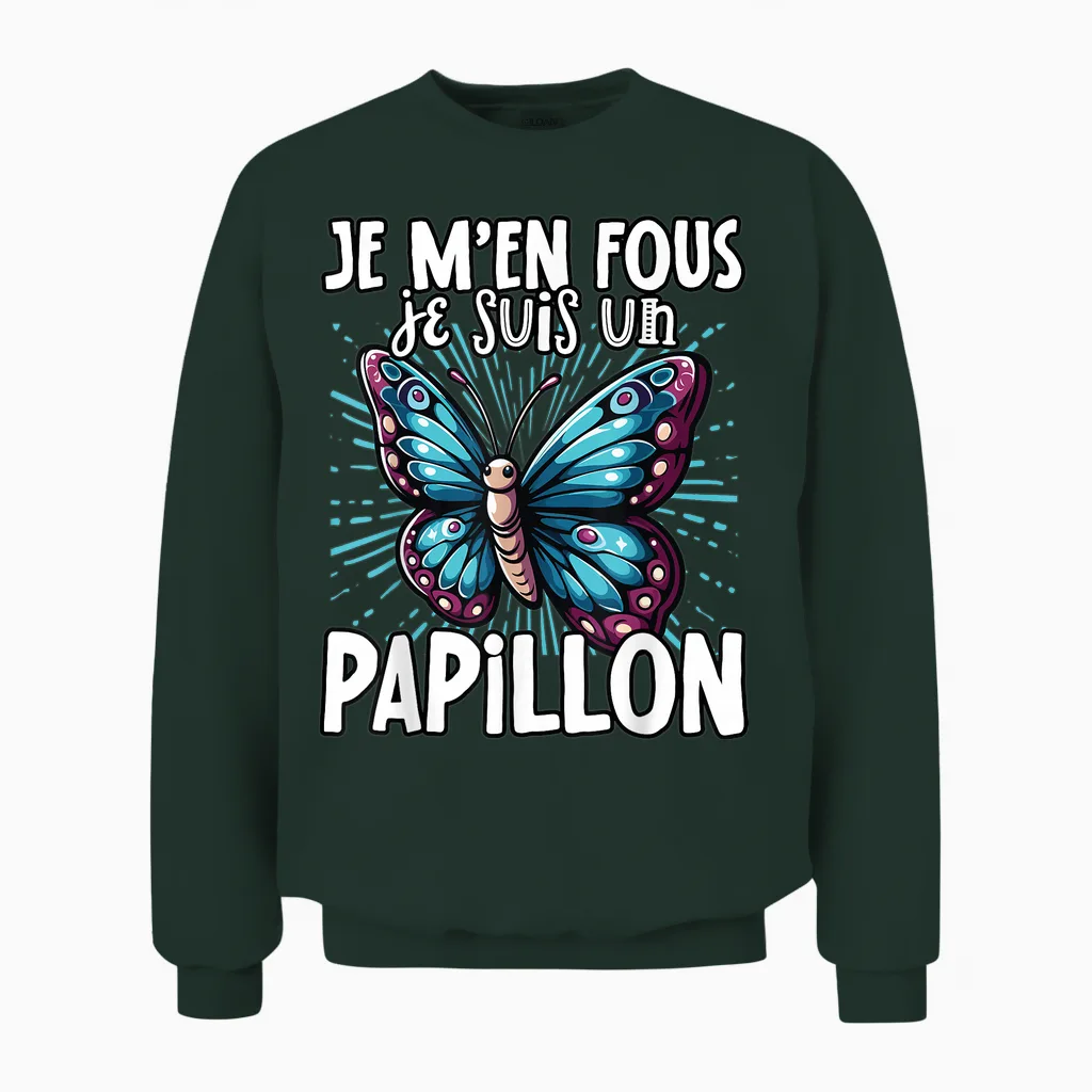 Je M'en Fous Je Suis Un Papillon - Cute Butterfly T-Shirt, Black, S Unisex Sweatshirt in Forest