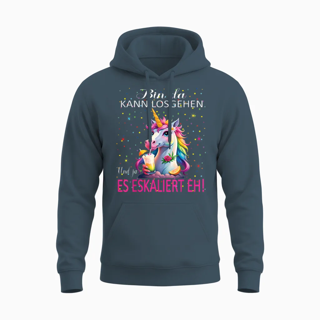 Unicorn Bin Da Kann Losgehen Und Ja Es Eskaliert Eh Kostüm Unisex Hoodie in Dark Heather
