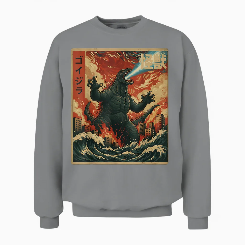 Kaiju Monster Japanese Anime Vangogh Painting Art Graphic Unisex Sweatshirt in Sport Grey