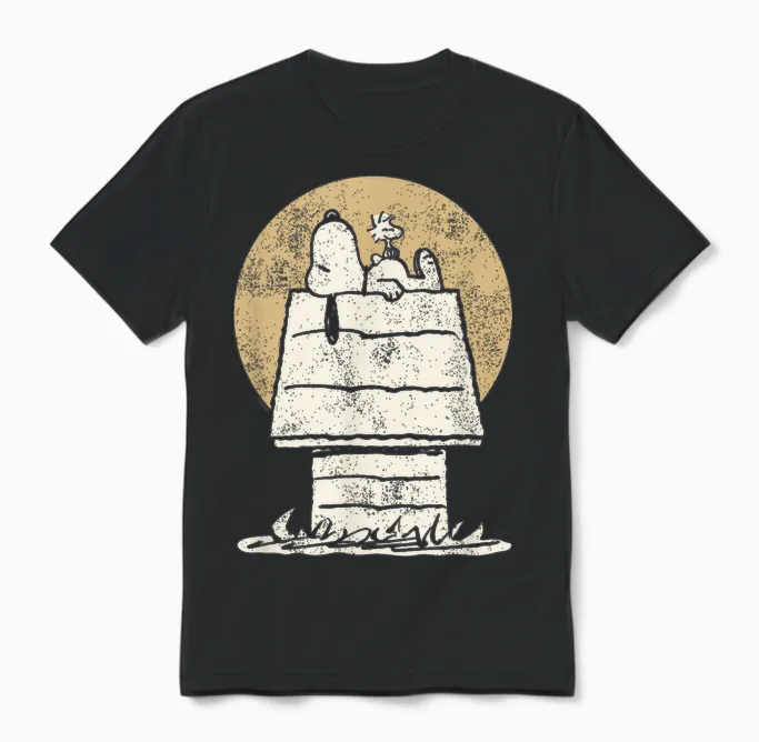 Peanuts Snoopy Woodstock Dog Kennel Unisex T-Shirt in Black