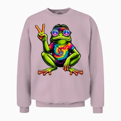 Tie-Dye Hippie Frog, Peace Sign, 60s Party & 70s Costume Unisex Sweatshirt - Light Pink