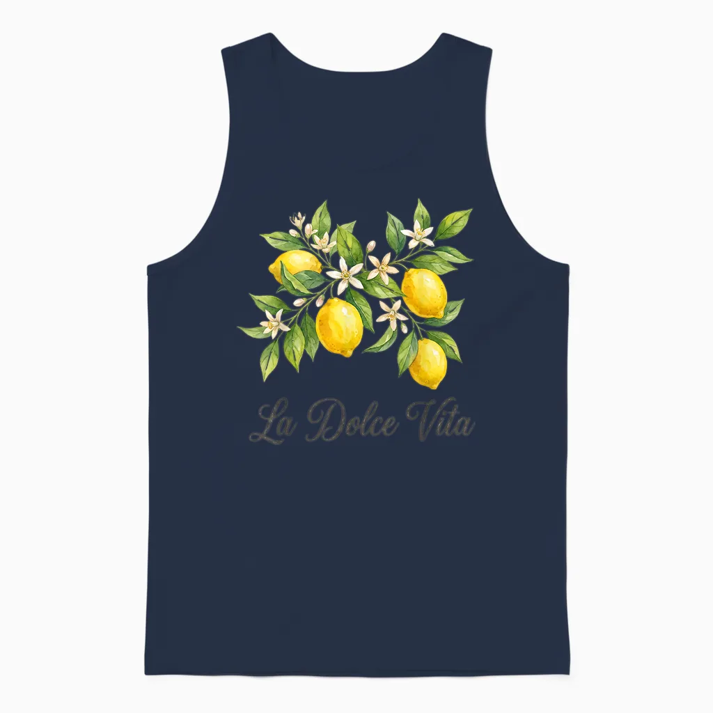 La Dolce Vita Lemon Italian Summer Limoncello Amalfi Coast Unisex Tank Top in Navy