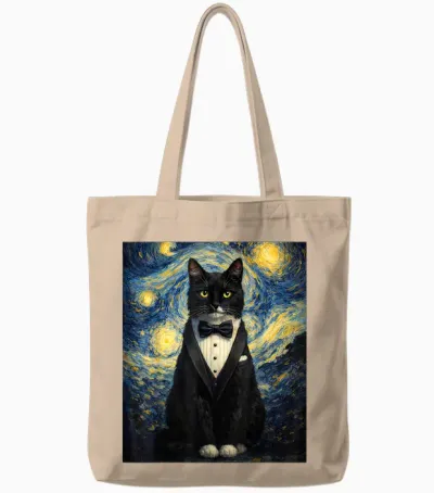 Tuxedo Cat Starry Night Van Gogh Inspired Painting Black Cat Tote Bags - Natural