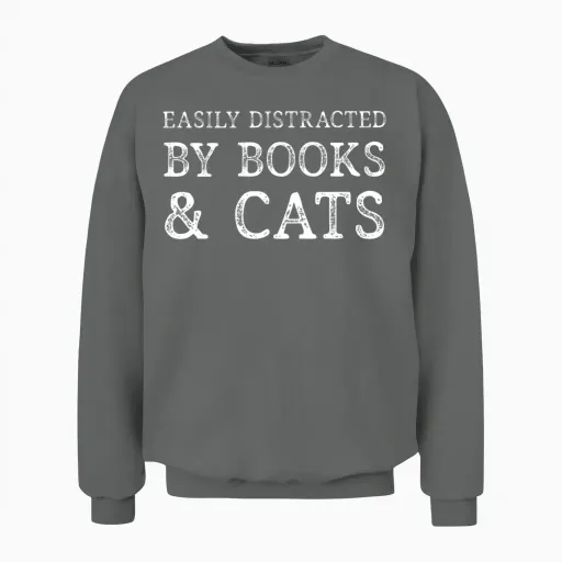 Easily Distracted by Books and Cats Unisex Sweatshirt in Graphite Heather