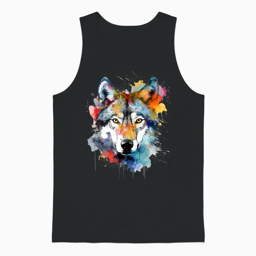 Wolfskopf Aquarell T-Shirt Damen Schwarz Small Eu 38 V-Ausschnitt Kurzarm Klassische Passform Baumwolle 50% Polyester 50% Tierdruck Wildnis Einzigartiges Wolf-Design 1 Count Unisex Tank Top in Black