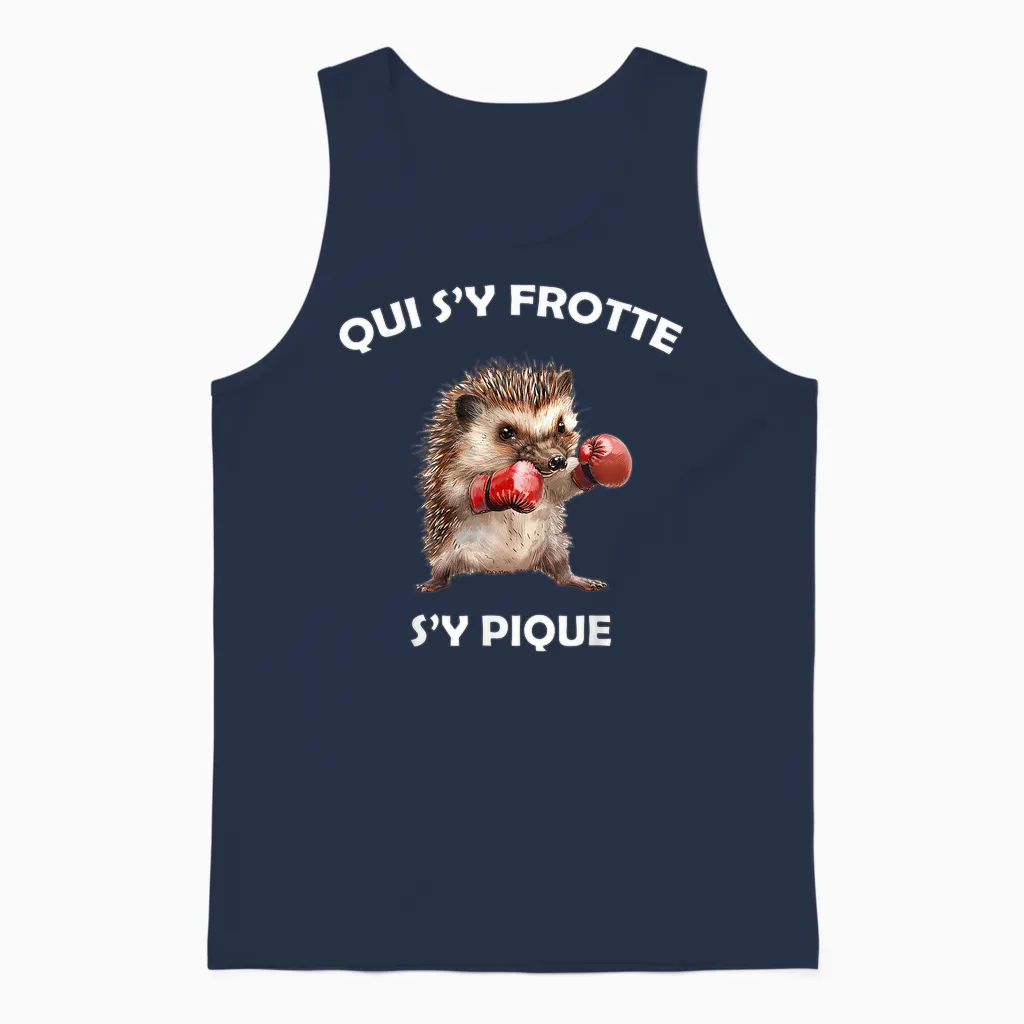 Hérisson Boxeur, Qui S'y Frotte S'y Pique - Humour Animal T-Shirt, Black, S Unisex Tank Top in Navy