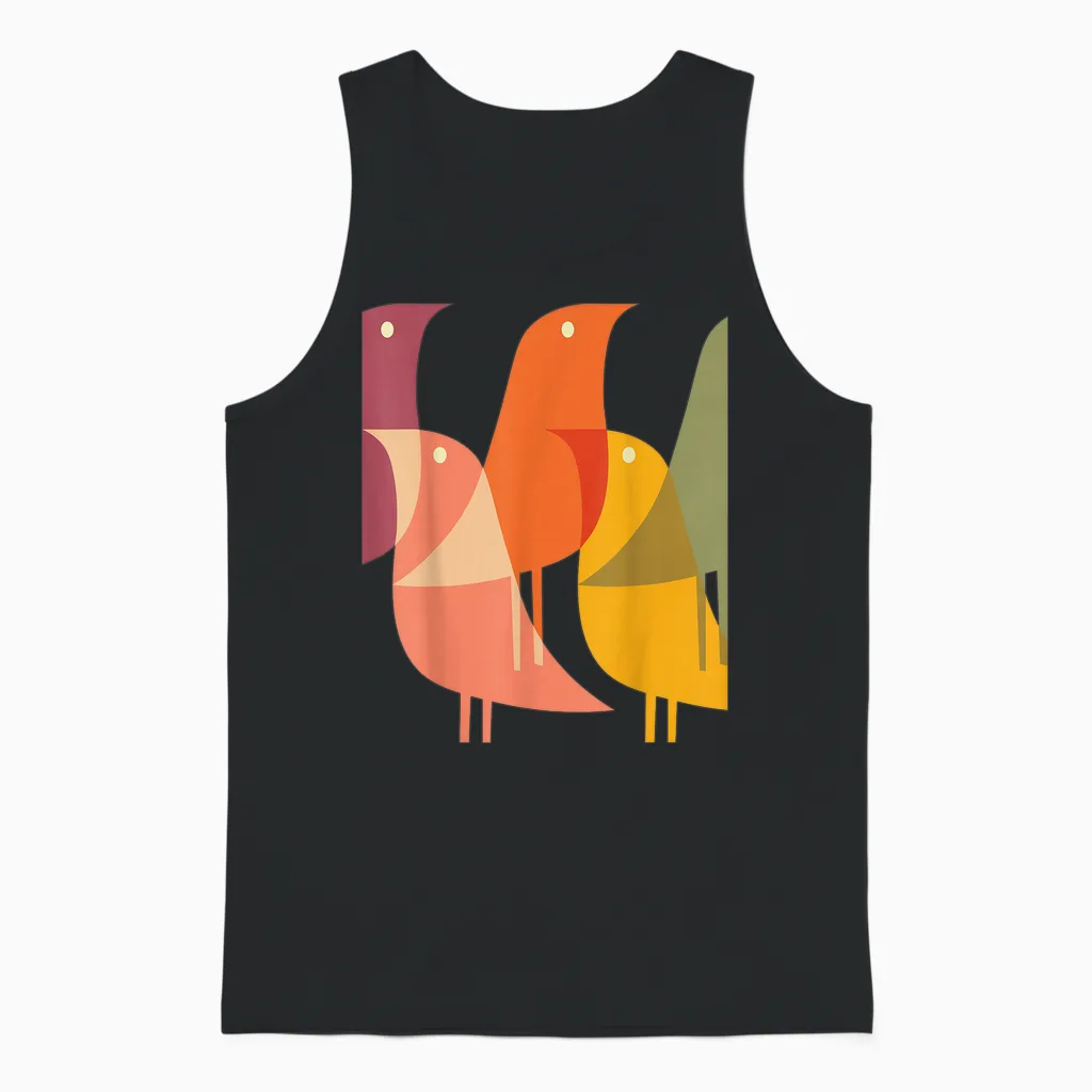 Bird Print Art Deco 60s Style Minimal Hippy Retro Cool Unisex Tank Top in Black