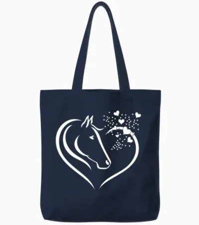 Animal Motif Horses Horse Portrait Heart Gift Tote Bags - Navy