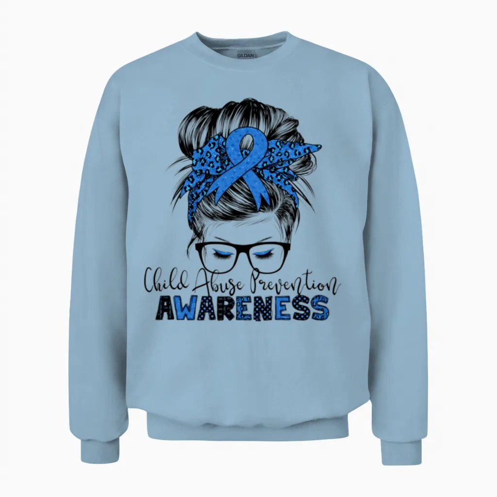 Child Abuse Prevention Awareness Messy Hair Bun Unisex Sweatshirt in Light Blue