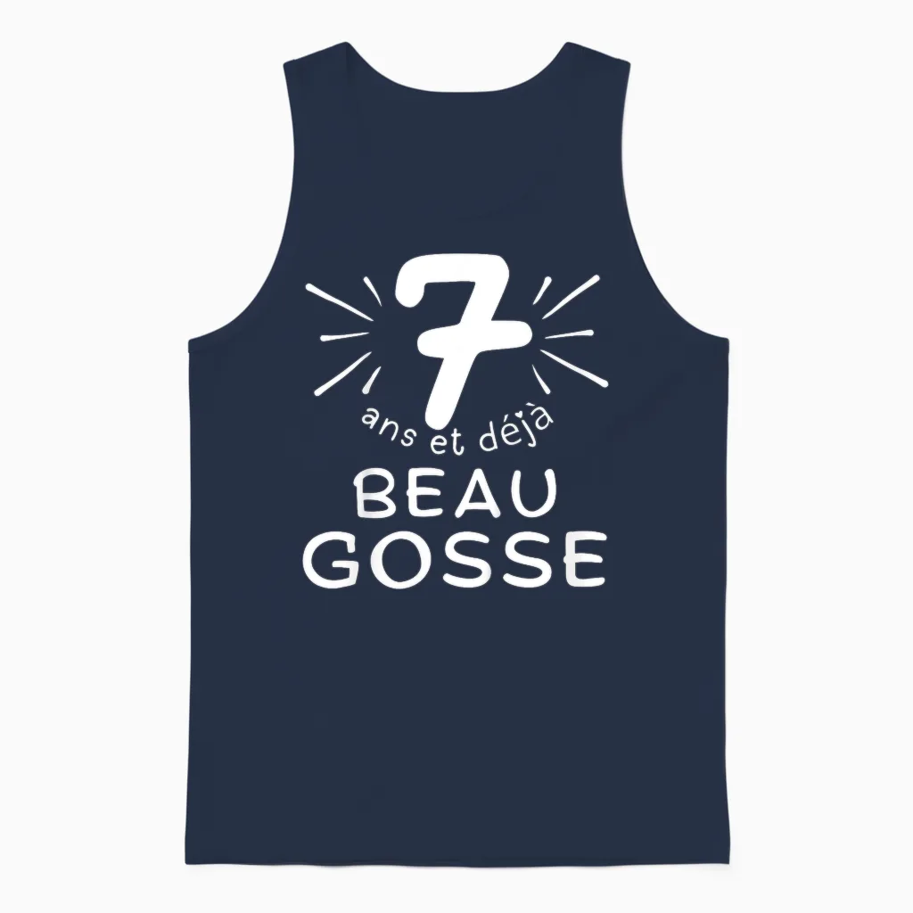 Child 7 Years Old and Already Handsome Kid. Phrase Humor for Gift Boy T-Shirt, Black, 2 Unisex Tank Top in Navy