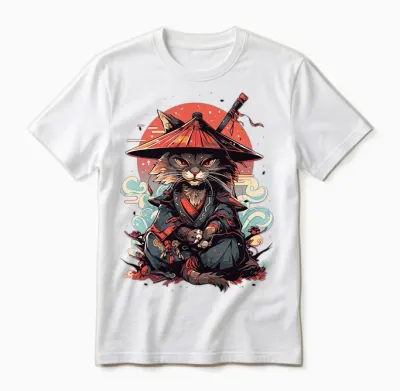 Japanese Retro Samurai Cat Tattoo Graphic Ninja Kawaii Long Sleeve, Black, S Unisex T-Shirt - White