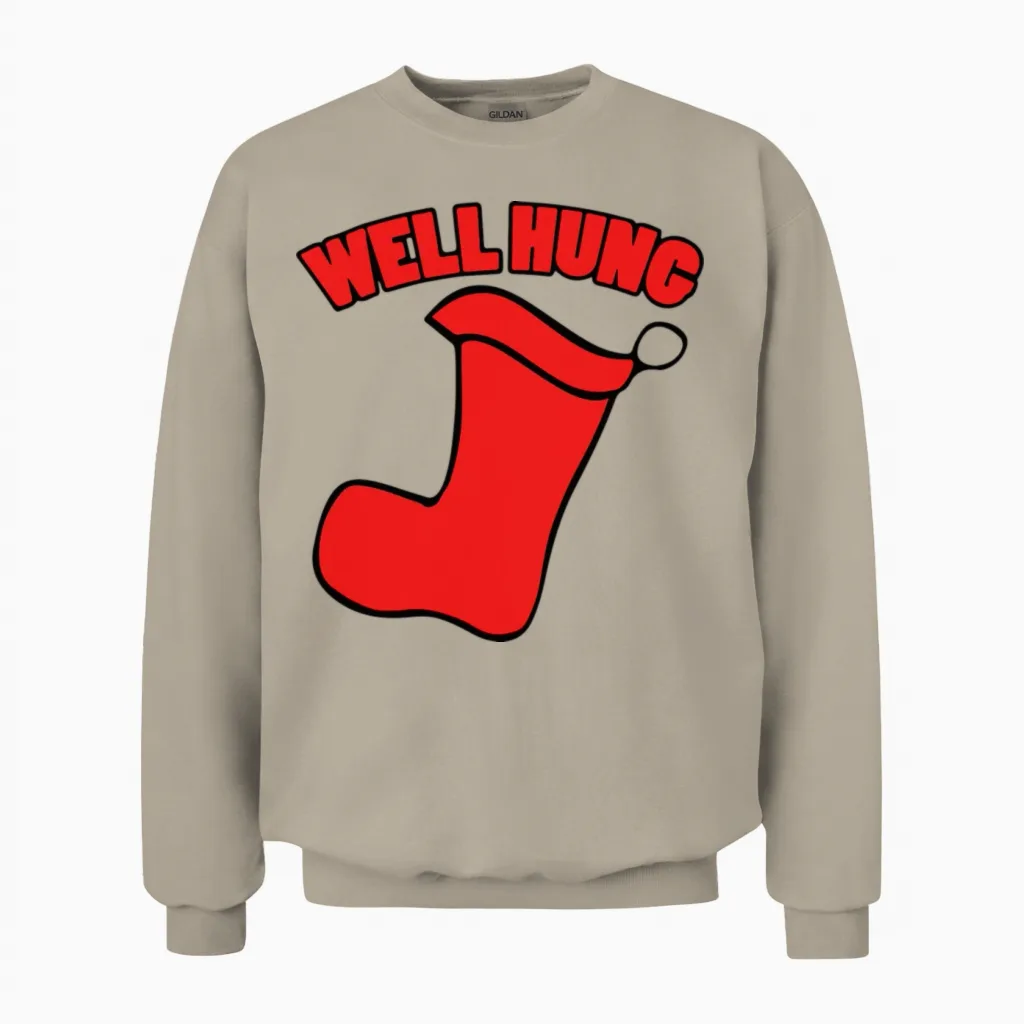 Well Hung Funny Christmas Unisex Sweatshirt in Sand