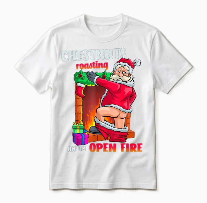 Chest Nuts Roasting Funny Naughty Santa Dirty Food Pun Xmas Unisex T-Shirt in White