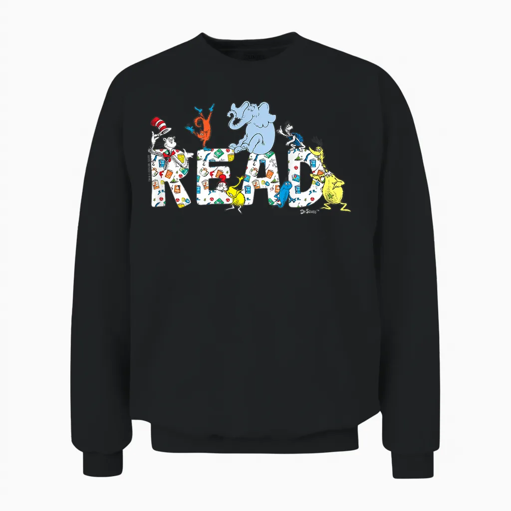 Dr. Seuss Characters Read Design for Youth and Adult Unisex Sweatshirt in Black
