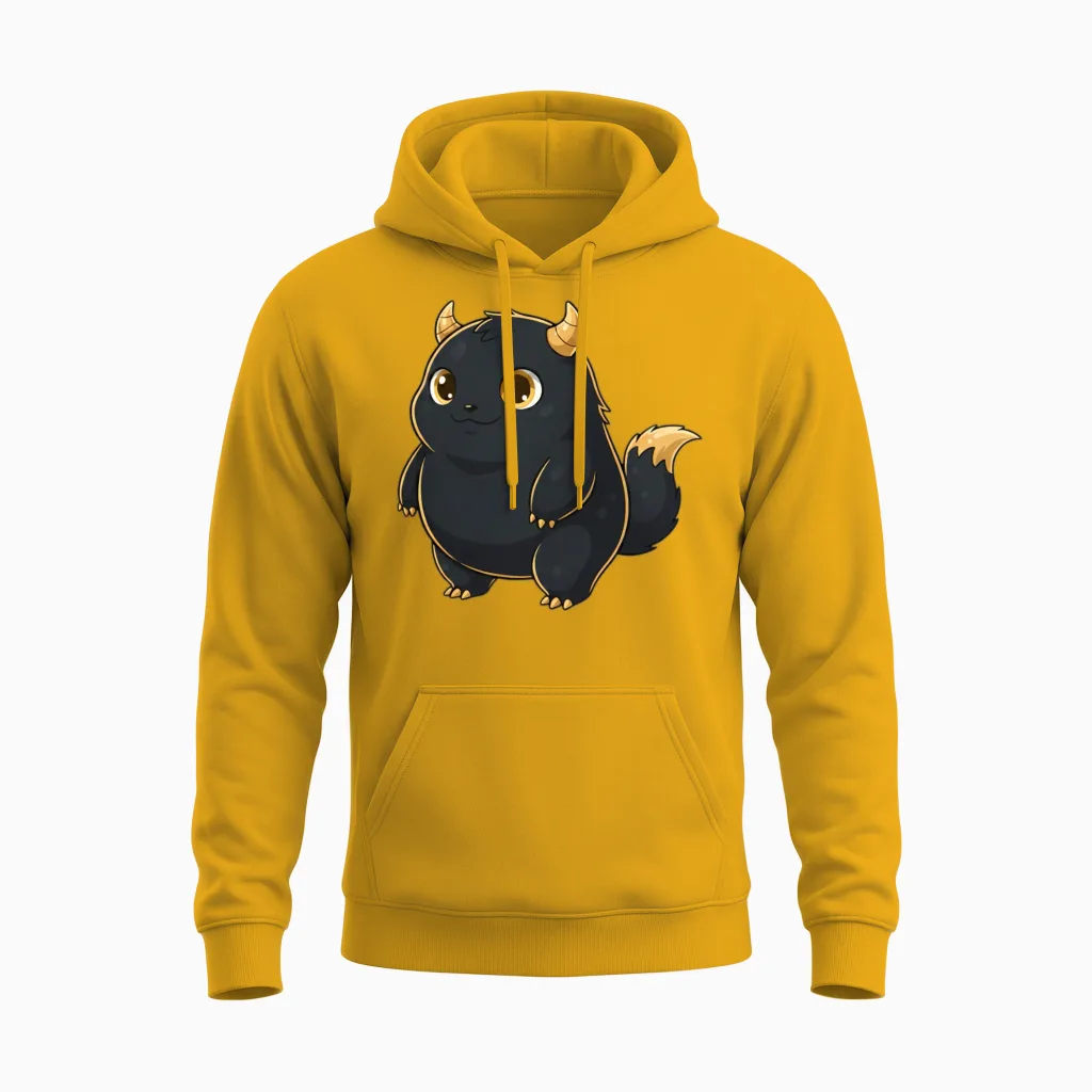 Cute Chubby Fantasy Creature with Golden Horn. Unisex Hoodie in Gold