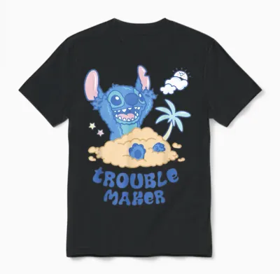 Disney Stitch Fluffy Summer Beach Sand Pile "trouble Maker" Unisex T-Shirt - Black
