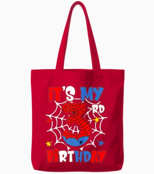 It's My 3rd Birthday Spider Theme Party 3 Year Old Boys Tote Bags in Red