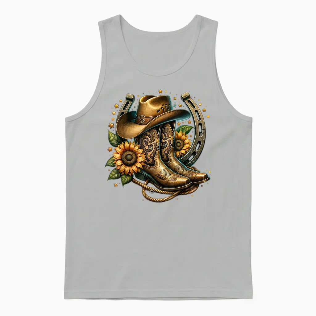 Western Cowboy Boots Horseshoe Sunflower Rope Cowgirl Boat T-Shirt, Black Unisex Tank Top in Ash