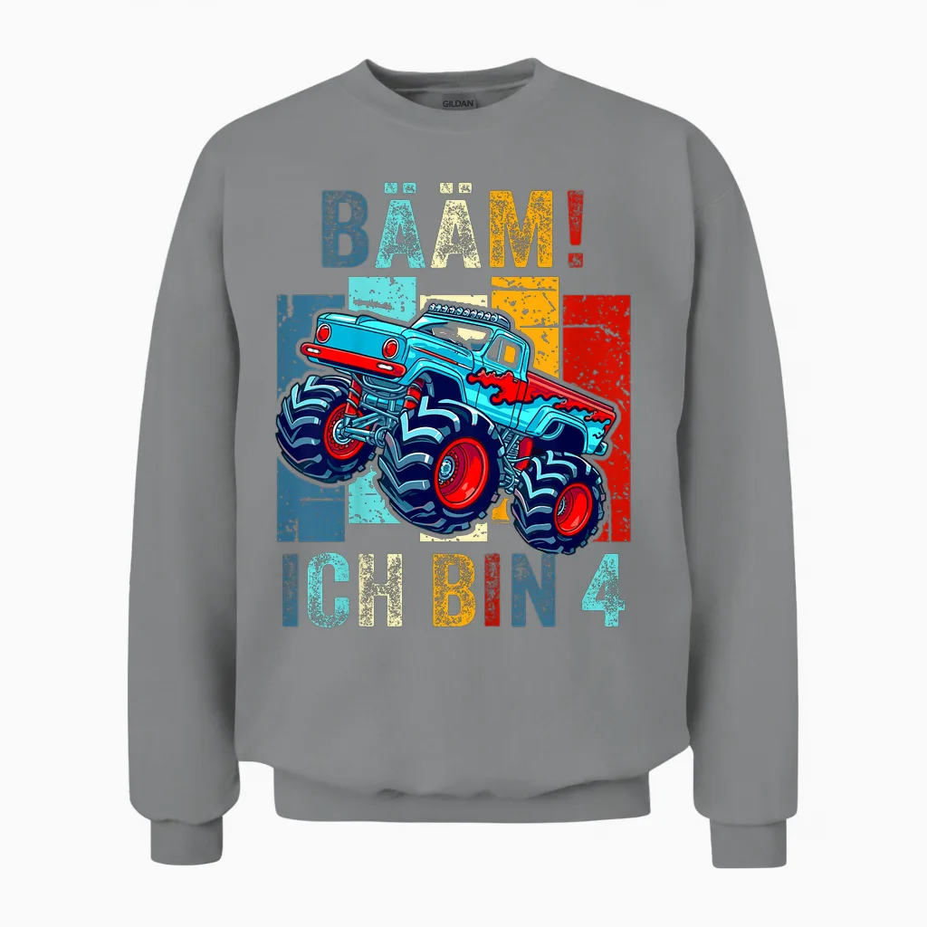Children's 4 Years Boy Birthday Four Monster Truck BΓ€m! I Am 4 T-Shirt, Black Unisex Sweatshirt in Sport Grey
