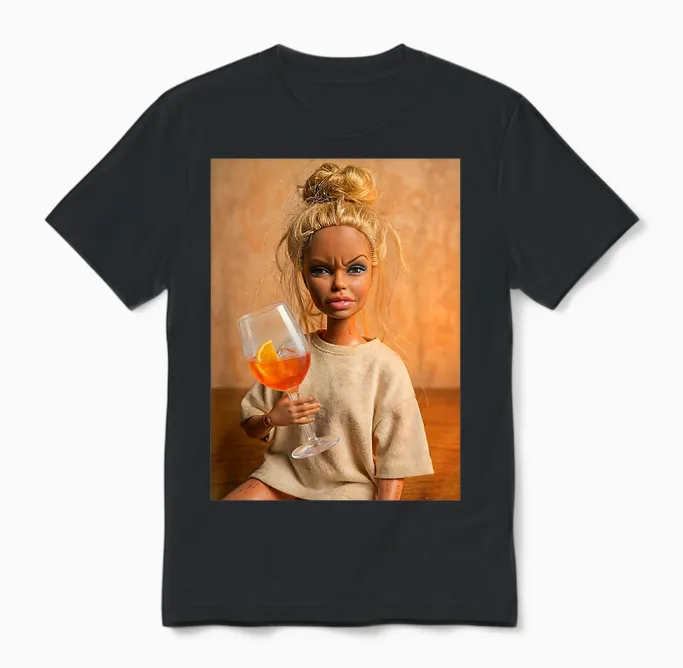 Disgusted Face Doll Meme Funny Orange Spritz Cocktail Fun Unisex T-Shirt in Black