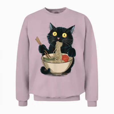 Funny Japanese Cat Eating Ramen Vintage Japanese Noodles Unisex Sweatshirt - Light Pink