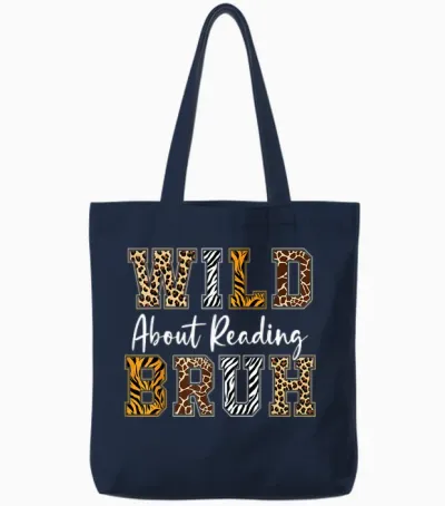 Boys Animal Print Clothes Wild About Reading Kids Book Lover Tote Bags - Navy
