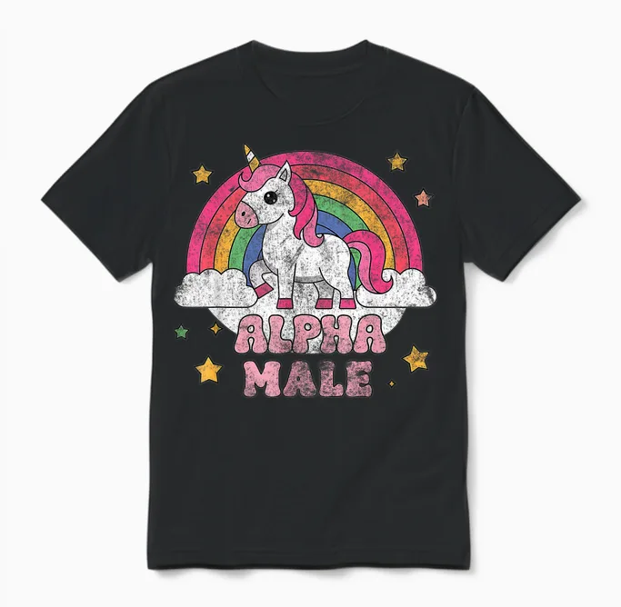 Alpha Male Unicorn T-Shirt, Pink Unisex T-Shirt in Black