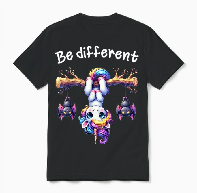 Funny Be Different Unicorn T-Shirt for Men Women Children, Black Unisex T-Shirt in Black