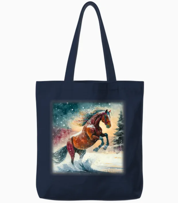 Horse in Snow Lovers Gift Tote Bags in Navy
